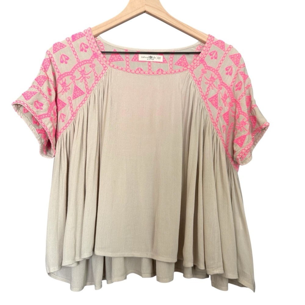 Natural Life Bright Pink Embroidered Tunic Flowy Top